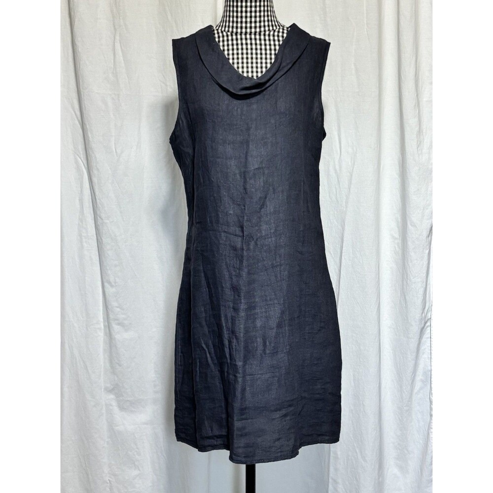 LINA TOMEI Linen Dress Size L Navy Blue Side Stretch Shift Made in ITALY - NEW!